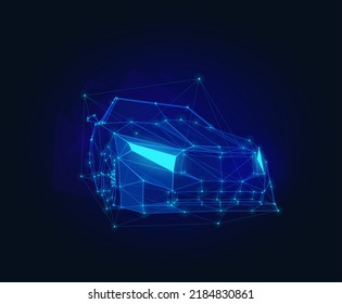 Futuristic fast car. Vector illustration of digital 3d low poly sport auto on dark blue background