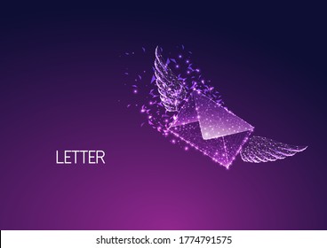 Entrega rápida futurista, concepto de franqueo expreso con sobre polígono bajo brillante con alas aisladas en fondo morado oscuro. Ilustración vectorial de diseño de malla de marco de alambre moderno. 