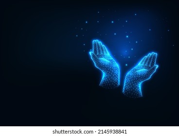 Futuristic female hands praying or raising up, hope, worship concept in glowing low polygonal style 