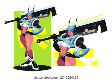 Futuristic female warrior, vector illustration. Woman with a gun and a helmet in a green and yellow background.