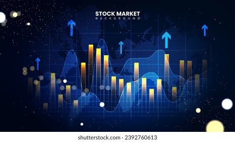 Futuristic financial trading chart with up arrows. Successful stock market statistical information and trends. Economic information growth background