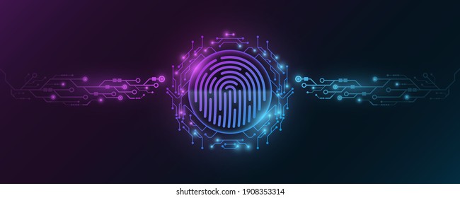 Futuristic fingerprint. Biometric data security. Dashboard display. Big data CPU. Scan user. Touch screen panel. Computer circuit board frame. Vector illustration. EPS 10.