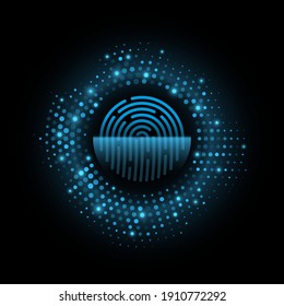 Futuristic fingerprint biometric data security. Big data CPU. Glowing scanning user interface for graphic design. Halftone circle. Touch screen panel. Vector illustration. EPS 10.