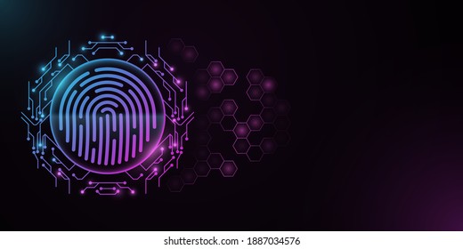 Futuristic Fingerprint With Circle Of Circuit Board. Scanning User Data. Glowing Blue And Purple HUD Display. Biometric Data Security. Touch Screen. Hexagon Pattern. Vector Illustration. EPS 10