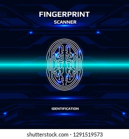 Futuristic Fingerprint Light Blue Scanner Identification Protection Dashboard. 
HUD White UI Element Technology Background Authorization System Illustration.