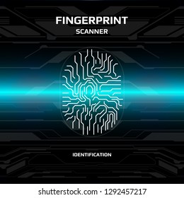 Futuristic Fingerprint Light Blue Scanner Identification Protection Dashboard. 
HUD White UI Element Technology Background Authorization System Illustration.