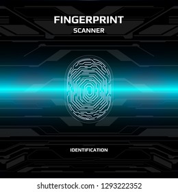 Futuristic Fingerprint Light Blue Scanner Identification Protection Dashboard. 
HUD White UI Element Technology Background Authorization System Illustration.