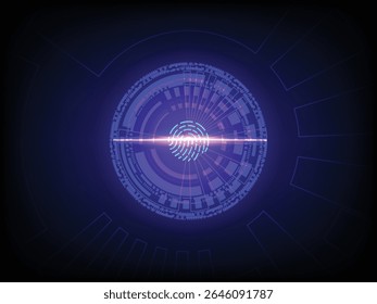 Futuristic fingerprint scanner interface for digital identity verification, biometric authentication, cyber security system, and forensic access control concept in abstract vector style for technology