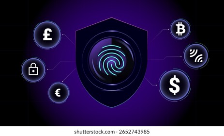 Futuristic fingerprint shield protection interface with digital currency icons. Concept of secure transactions, biometric verification, cyber defense, fintech innovation, and digital identity safety.