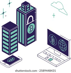Futuristic fintech concept with digital currency and blockchain elements