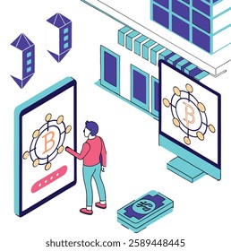 Futuristic fintech concept with digital currency and blockchain elements