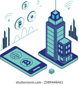 Futuristic fintech concept with digital currency and blockchain elements
