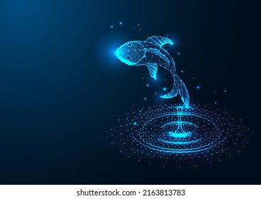 Futuristic fish jumping from water concept in glowing low polygonal style isolated on dark blue 