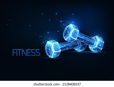 Futuristic fitness concept with glowing low polygonal pair of dumbbells isolated on dark blue 