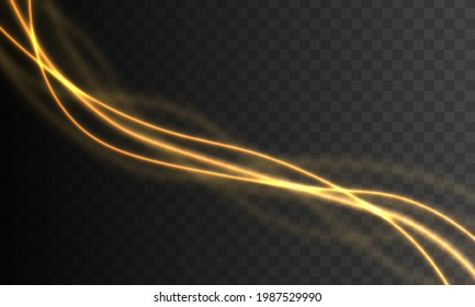 Futuristischer Flash. Schimmernde Wellen mit heller Wirkung einzeln auf transparentem Hintergrund. Golden Linse Fackel transparente Lichteffekt mit glatten Linien und funkelnden Staubpartikeln. Vektorgrafik.