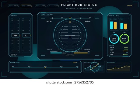 Futuristic flight HUD interface with autopilot status, attitude display, air data, waypoint route, system diagnostics, and cockpit analytics panels in a dark aviation dashboard style.