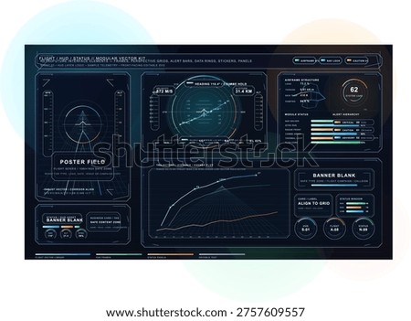 A futuristic flight HUD interface featuring modular vector elements, status panels, and data visualization tools like trajectory plots and airframe structure monitoring on a dark grid.