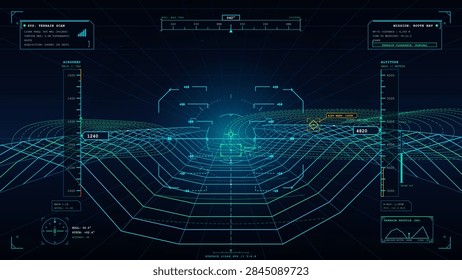 A futuristic flight navigation interface displays wireframe terrain with altitude and airspeed scales plus a central targeting reticle