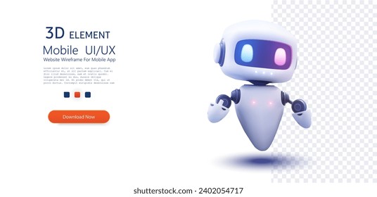 Futuristic Floating Robot with Illuminated Visor and Hovering Body on Transparent Background. 3d  Robot chatbot, AI in science and business. Vector illustration