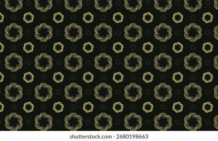 Futuristic flowers art pattern in yellow neon line on black background. Seamless floral abstract vector ornament for textile, fabric, interior, ceramic, wallpaper, paper decoration