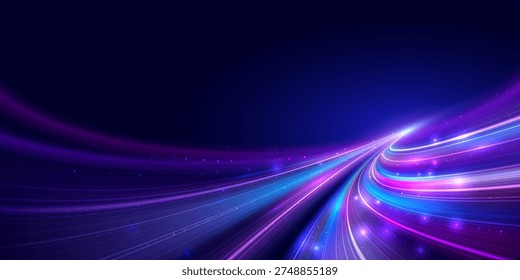 Futuristic flowing data stream with glowing light trails representing digital communication, big data and high-speed information transfer, abstract technology background, vector illustration.