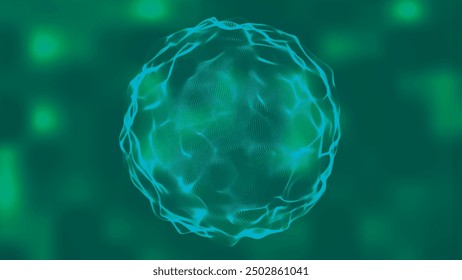 Futuristic fluid geometric sphere. Abstract motion graphics with liquid particles moving in sphere. Abstract organic cell. Magic ball, Neon sphere. Vector illustration.