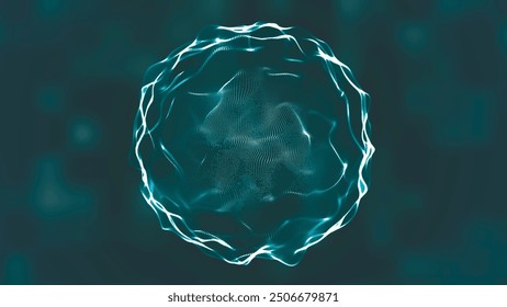 Futuristische geometrische Fluidsphäre. Abstrakte Bewegungsgrafik mit sich in der Kugel bewegenden Flüssigkeitspartikeln. Abstrakte organische Zelle. Magische Kugel, Neonkugel. Vektorgrafik.