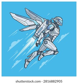 Futuristic flying armored cyborg with jetpack and wings. A high-tech cyborg in white armor flying through a blue sky with a jetpack and mechanical wings. Action-oriented comic style. Ideal for sci-fi book covers or gaming promotional art.