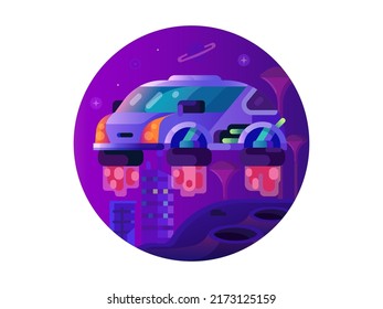 Futuristic flying car on futurist city landscape. Robotic sci-fi autonomic vehicle from future. Robot self-driving machine space colony icon.