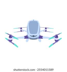 futuristic flying car with propellers flat vector illustration, designed in a modern and minimalistic style with blue and purple accents.