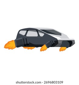Futuristic flying car is soaring through the air, propelled by powerful rocket engines, showcasing innovative transportation technology