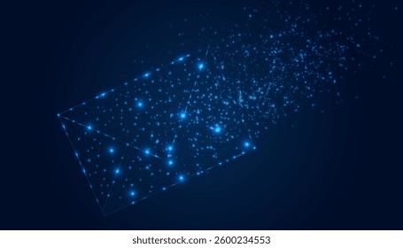 Futuristic flying electronic envelope, email made of lines, stars, dots, low polygonal shapes on dark  blue to purple background. Web correspondence concept. Modern design vector illustration.
