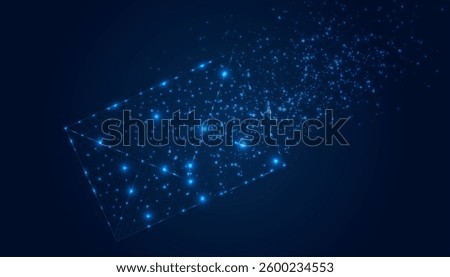 Futuristic flying electronic envelope, email made of lines, stars, dots, low polygonal shapes on dark  blue to purple background. Web correspondence concept. Modern design vector illustration.
