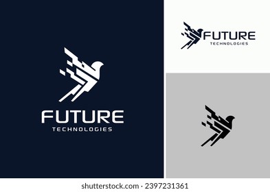 Futuristic Flying Modern Android Bird. Digital Robot Eagle Falcon Hawk Logo Design