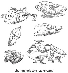 Futuristic flying ships sketch. Vector fantastic objects