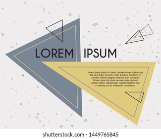 Futuristic flying triangles geometric banner vector design. Poster or flyer template with geometric confetti - triangles, circles, squares, cross, zigzag shapes. Banner composition with text place.
