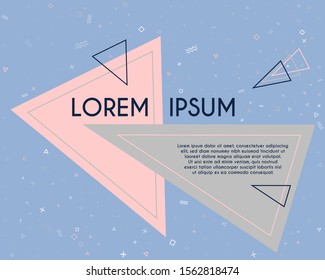 Futuristic flying triangles geometric banner vector design. Poster or flyer template with geometric confetti - triangles, circles, squares, cross, zigzag shapes. Banner background with text place.