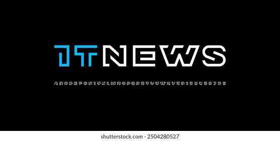 Futuristic font alphabet, hi-tech technology style letters A, B, C, D, E, F, G, H, I, J, K, L, M, N, O, P, Q, R, S, T, U, V, W, X, Y, Z and numerals 0, 1, 2, 3, 4, 5, 6, 7, 8, 9, vector illustration