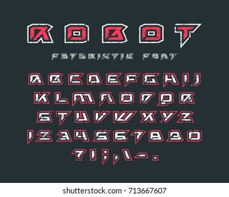 Futuristic font with contour and rust texture. Letters and numbers for sci-fi, military, cosmic logo and title design