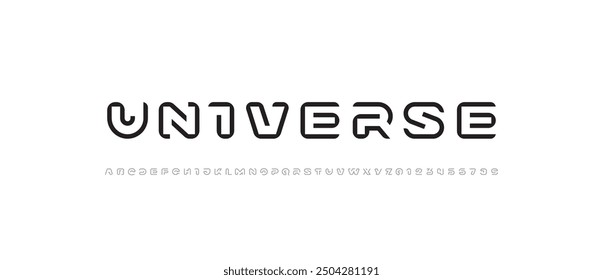 Futuristic font digital alphabet, hi-tech technology style letters A, B, C, D, E, F, G, H, I, J, K, L, M, N, O, P, Q, R, S, T, U, V, W, X, Y, Z and numerals 0, 1, 2, 3, 4, 5, 6, 7, 8, 9