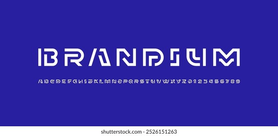 Futuristic font digital alphabet, hi-tech technology style letters A, B, C, D, E, F, G, H, I, J, K, L, M, N, O, P, Q, R, S, T, U, V, W, X, Y, Z and numerals 0, 1, 2, 3, 4, 5, 6, 7, 8, 9