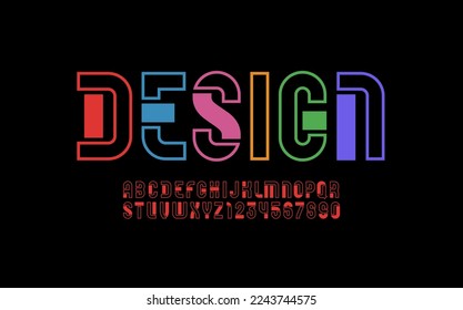 Futuristic font, display stencil alphabet, modern multi colored letters and numbers, vector illustration 10EPS