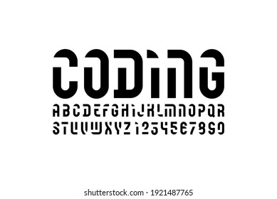Futuristic font, sci fi display stencil alphabet, modern geometric modular letters and numbers, vector illustration 10EPS