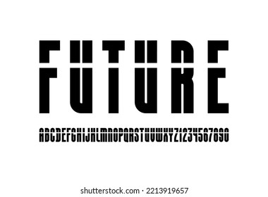 Futuristic font, stencil alphabet, black condensed letters and numbers for your designs: logo, headline, monogram, lettering, typography, and emblem design, vector illustration 10EPS