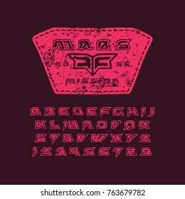 Futuristic font in the style of handmade graphics. Letters with rough texture. Patch with space emblem. Pink print on black background