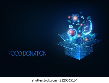 Futuristic food donation concept with glowing low polygonal cardboard box with fruits and vegetables