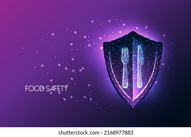 Futuristic food safety concept with glowing low polygonal shied and cutlery, fork and knife