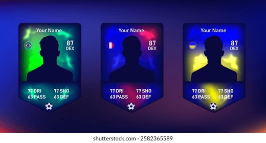 Futuristic football player card template with silhouette and glowing national flags. Digital collectible sports card design for fantasy soccer game