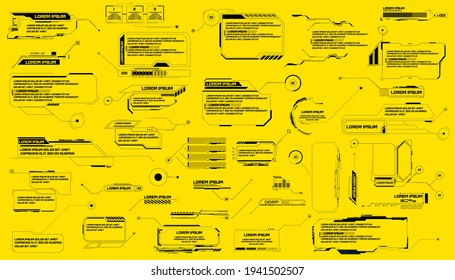 Futuristic footnotes, pointers, isolated on a yellow background. Callouts titles and frame in Sci- Fi style. Bar labels, info call box bars. Futuristic info boxes layout templates.