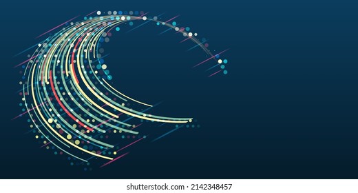 Futuristische Fragmentierung von Informationen. Große Datenvisualisierung auf dunklem Hintergrund. Eine Reihe von mehrfarbigen Linien. Hightech-Konzept der Datenstrukturierung. 